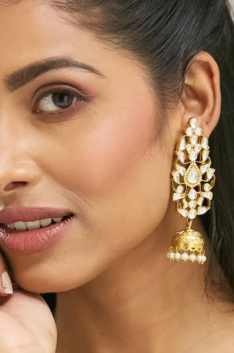 gold plated regal kundan stone studded & pearl drop jhumkas