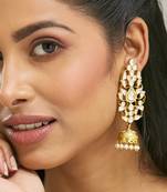 gold plated regal kundan stone studded & pearl drop jhumkas