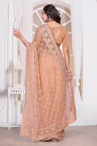 Diamond embroidered resham zari and zarkan work net classic saree in peach for ceremonial