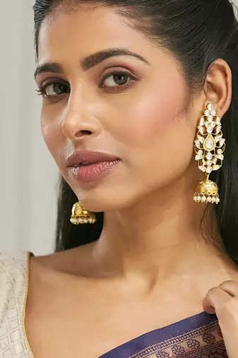 gold plated regal kundan stone studded & pearl drop jhumkas