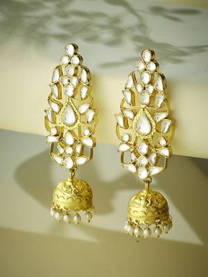 gold plated regal kundan stone studded & pearl drop jhumkas 3