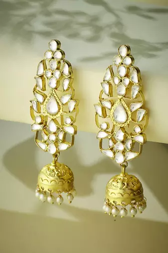 gold plated regal kundan stone studded & pearl drop jhumkas