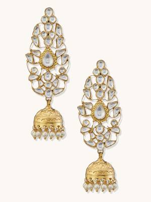 gold plated regal kundan stone studded & pearl drop jhumkas 4