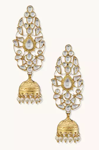 gold plated regal kundan stone studded & pearl drop jhumkas