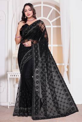 Diamond embroidered resham zari and zarkan work net classic saree in black for ceremonial 1