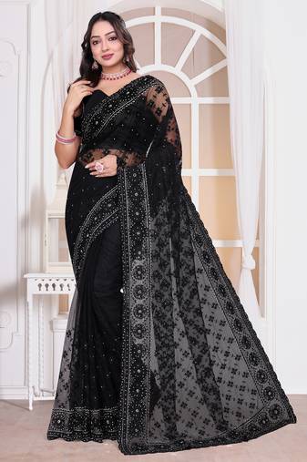 Diamond embroidered resham zari and zarkan work net classic saree in black for ceremonial