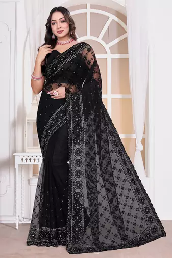Diamond embroidered resham zari and zarkan work net classic saree in black for ceremonial