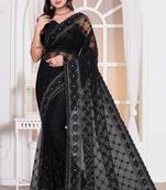 Diamond embroidered resham zari and zarkan work net classic saree in black for ceremonial