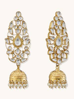 gold plated regal kundan stone studded & pearl drop jhumkas 5
