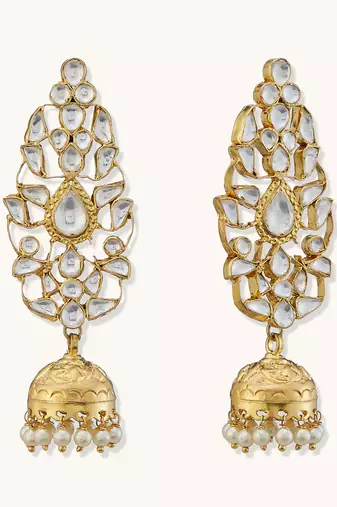 gold plated regal kundan stone studded & pearl drop jhumkas