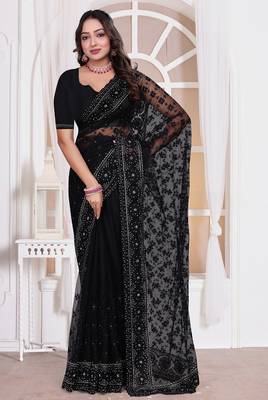 Diamond embroidered resham zari and zarkan work net classic saree in black for ceremonial 2