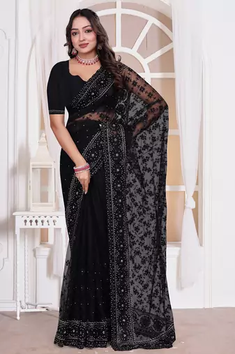Diamond embroidered resham zari and zarkan work net classic saree in black for ceremonial
