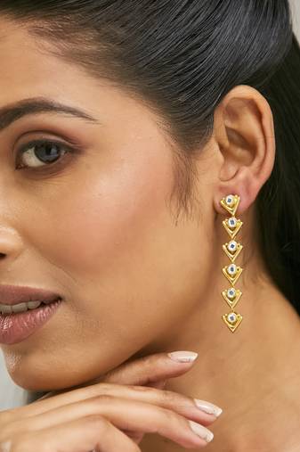 18k gold plated crystal stone studded triangular drop sleek earrings