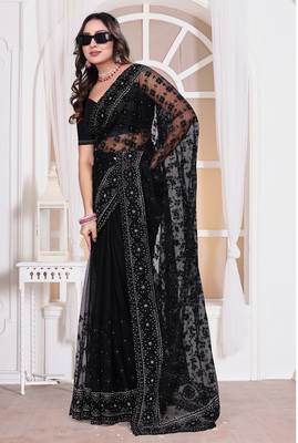 Diamond embroidered resham zari and zarkan work net classic saree in black for ceremonial 3