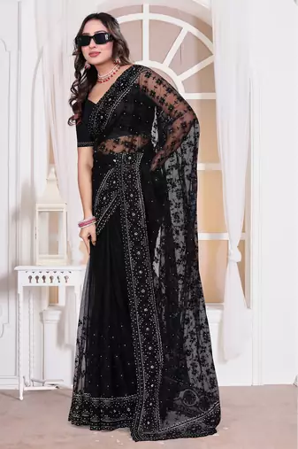 Diamond embroidered resham zari and zarkan work net classic saree in black for ceremonial