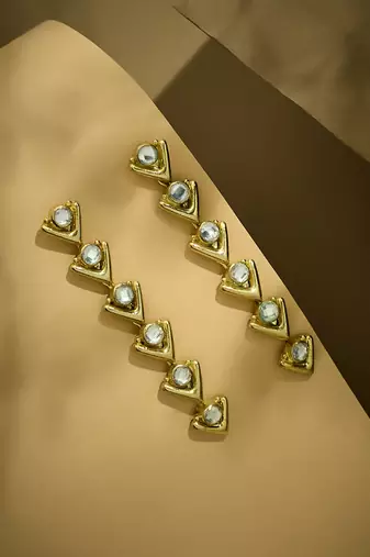18k gold plated crystal stone studded triangular drop sleek earrings