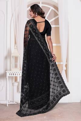 Diamond embroidered resham zari and zarkan work net classic saree in black for ceremonial 4