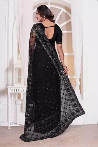 Diamond embroidered resham zari and zarkan work net classic saree in black for ceremonial