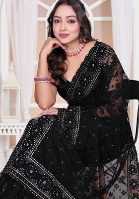 Diamond embroidered resham zari and zarkan work net classic saree in black for ceremonial 5
