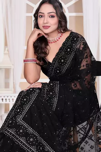 Diamond embroidered resham zari and zarkan work net classic saree in black for ceremonial
