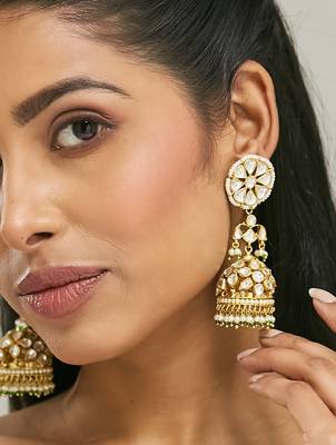 gold plated kundan stone studded & pearl beaded dome shaped jhumkas 1