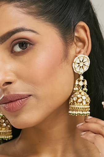 gold plated kundan stone studded & pearl beaded dome shaped jhumkas