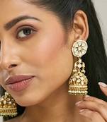 gold plated kundan stone studded & pearl beaded dome shaped jhumkas