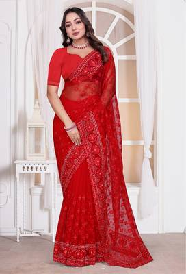 Diamond embroidered resham zari and zarkan work net classic saree in red for ceremonial 1
