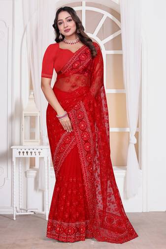 Diamond embroidered resham zari and zarkan work net classic saree in red for ceremonial