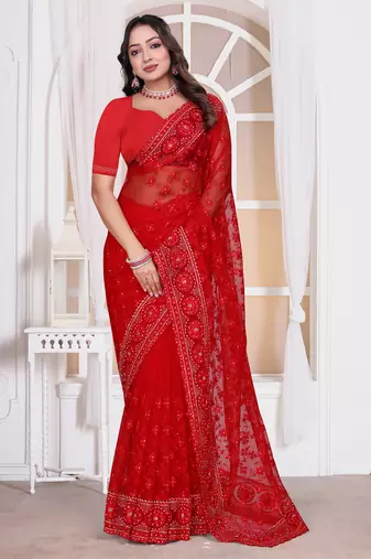 Diamond embroidered resham zari and zarkan work net classic saree in red for ceremonial