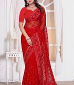 Diamond embroidered resham zari and zarkan work net classic saree in red for ceremonial
