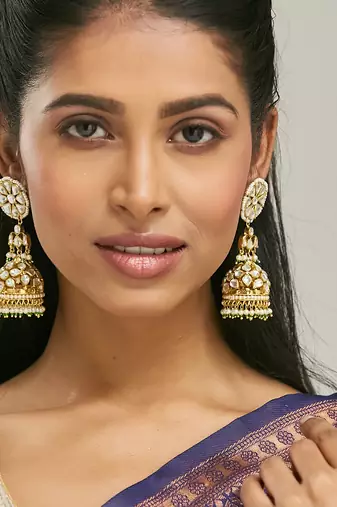 gold plated kundan stone studded & pearl beaded dome shaped jhumkas
