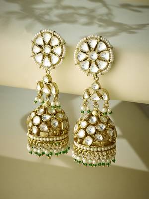 gold plated kundan stone studded & pearl beaded dome shaped jhumkas 3