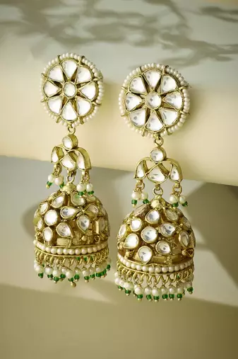 gold plated kundan stone studded & pearl beaded dome shaped jhumkas