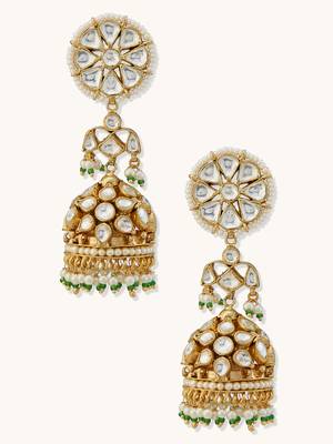gold plated kundan stone studded & pearl beaded dome shaped jhumkas 4