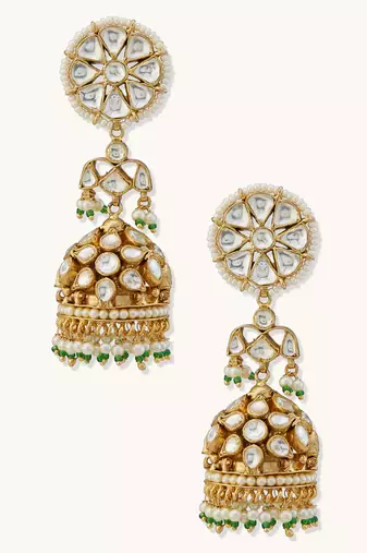 gold plated kundan stone studded & pearl beaded dome shaped jhumkas