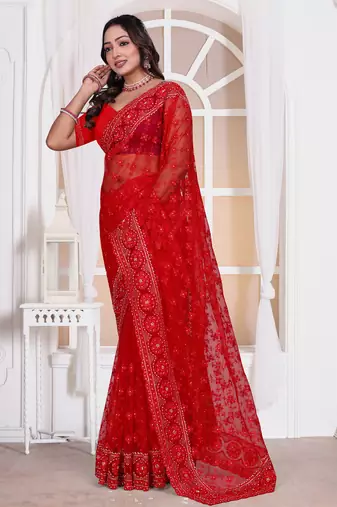 Diamond embroidered resham zari and zarkan work net classic saree in red for ceremonial