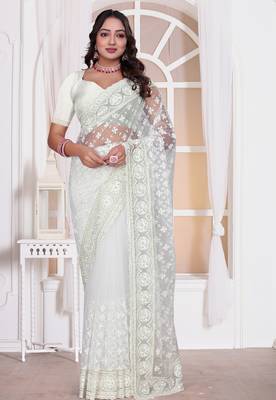 Diamond embroidered resham zari and zarkan work net classic saree in white for ceremonial 1
