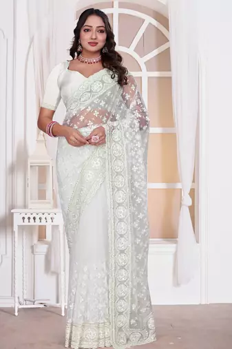 Diamond embroidered resham zari and zarkan work net classic saree in white for ceremonial