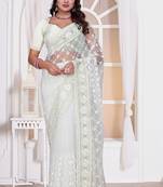 Diamond embroidered resham zari and zarkan work net classic saree in white for ceremonial