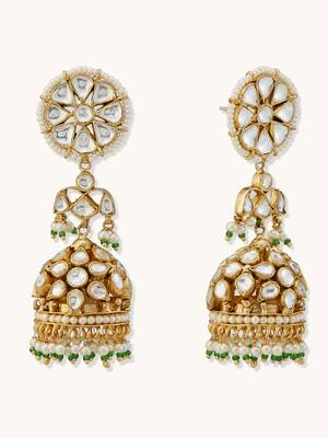 gold plated kundan stone studded & pearl beaded dome shaped jhumkas 5