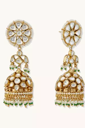 gold plated kundan stone studded & pearl beaded dome shaped jhumkas