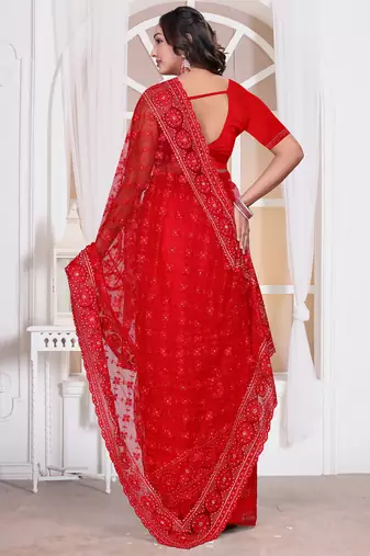 Diamond embroidered resham zari and zarkan work net classic saree in red for ceremonial
