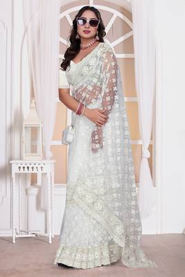 Diamond embroidered resham zari and zarkan work net classic saree in white for ceremonial 2