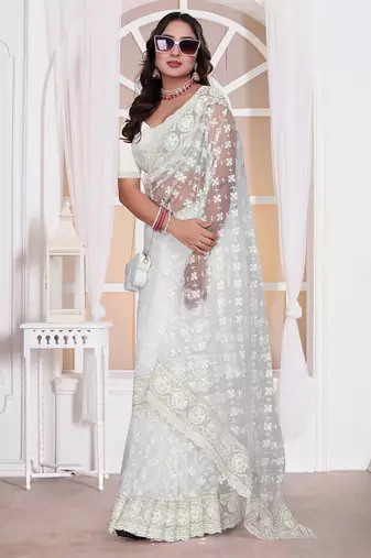 Diamond embroidered resham zari and zarkan work net classic saree in white for ceremonial