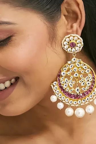 gold plated elegant ruby & kundan stone studded with pearl beaded floral chandbalis