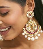 gold plated elegant ruby & kundan stone studded with pearl beaded floral chandbalis