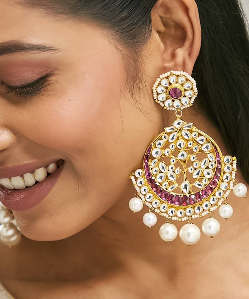 gold plated elegant ruby & kundan stone studded with pearl beaded floral chandbalis