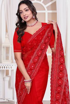 Diamond embroidered resham zari and zarkan work net classic saree in red for ceremonial 5