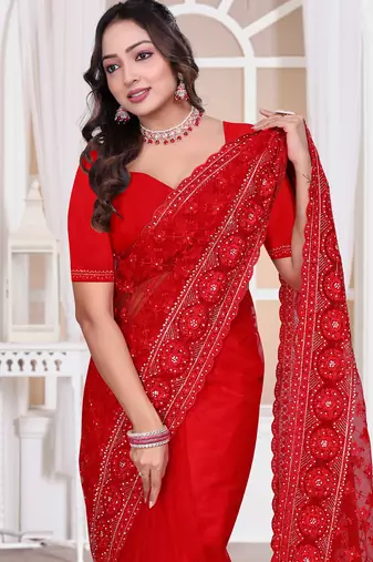 Diamond embroidered resham zari and zarkan work net classic saree in red for ceremonial